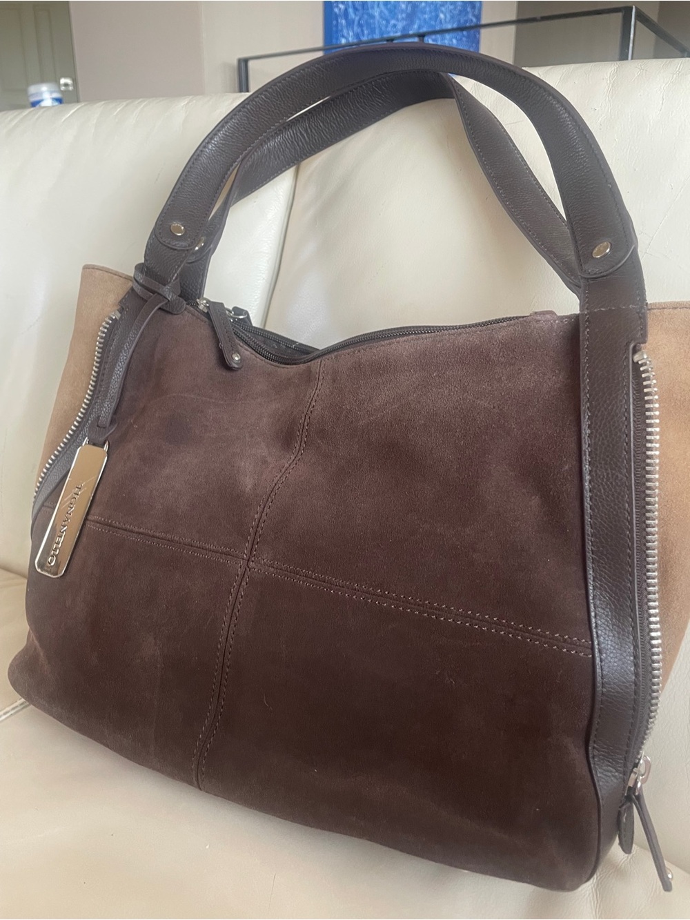 🐎🧲 Tignanello - Dark Brown and Khaki Suede Shoulder Tote with Leather Trim